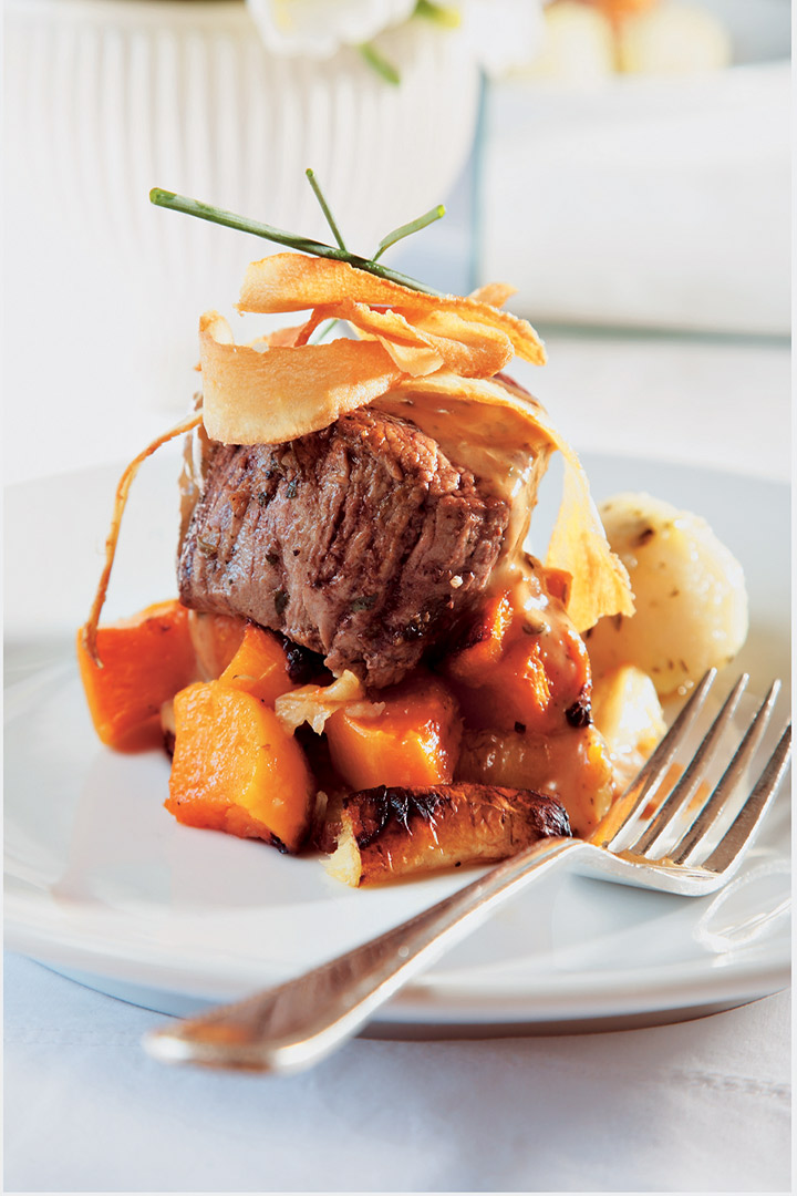 Beef fillet served with gorgonzola brandy sauce and vegetable ribbons recipe