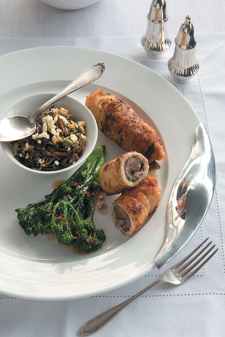 Chicken breasts filled with spinach and pancetta served with wild rice and tenderstem broccoli recipe