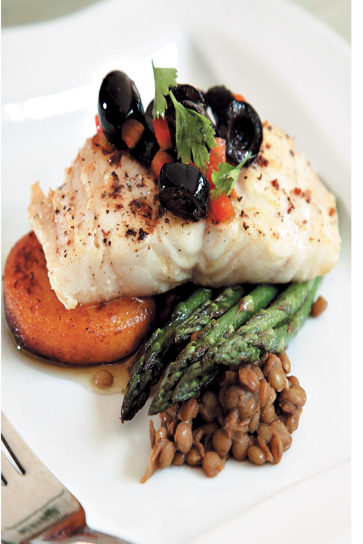 Grilled fish with Moroccan lentils, butternut fondant and grilled asparagus recipe