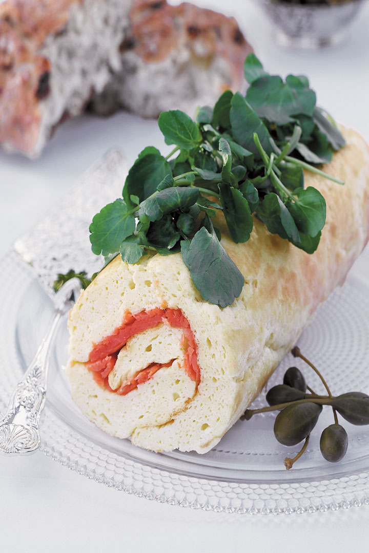 Omelette roulade with smoked salmon, watercress and caperberries recipe
