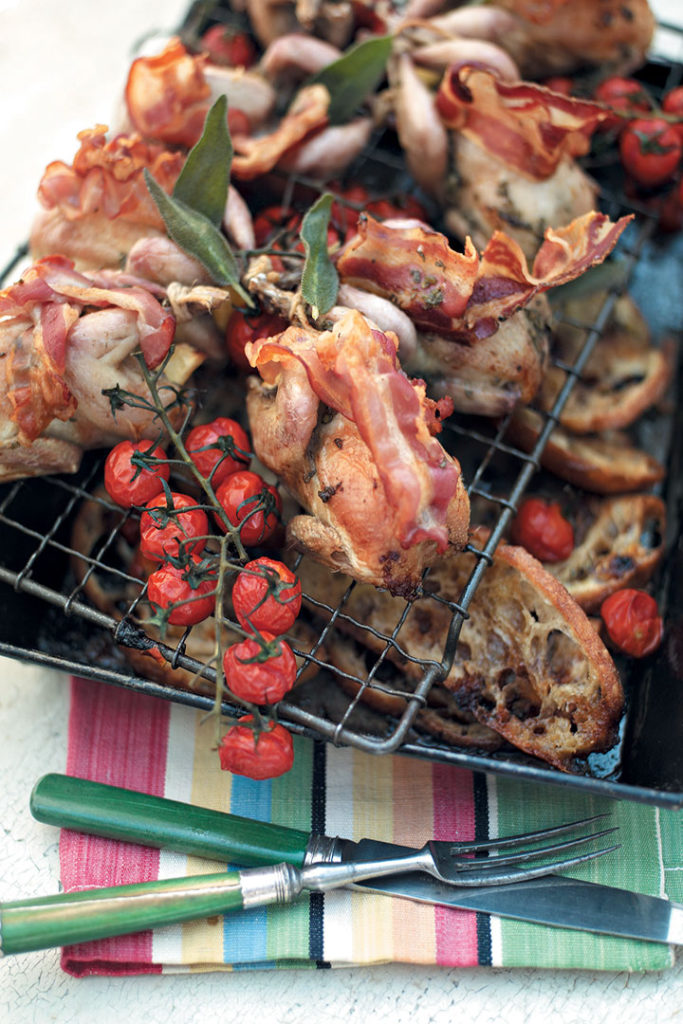 Roast quail with sticky tomato bruschetta recipe