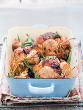 Roasted baby chickens stuffed with camembert and sage recipe