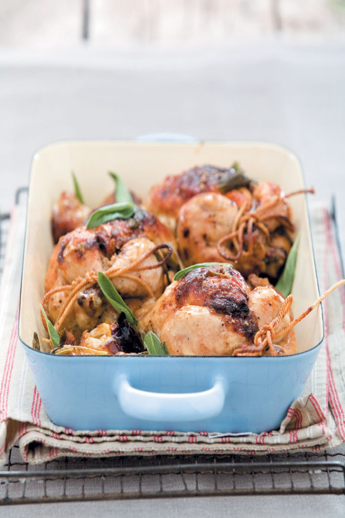 Roasted baby chickens stuffed with camembert and sage recipe