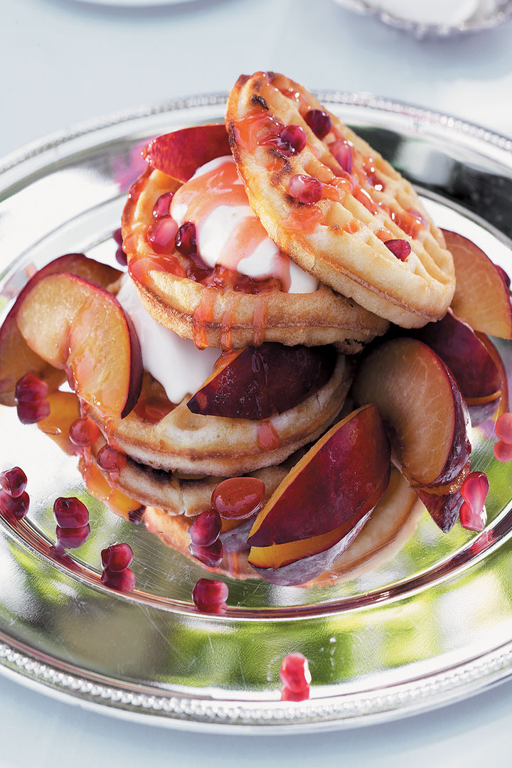 Waffles with roasted plums, mascarpone and cactus pear syrup recipe