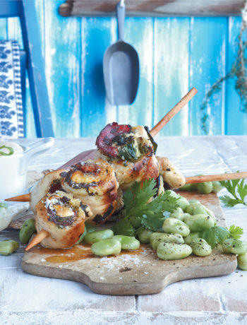 Rolled chicken, sage and pancetta skewers with spring onion skordalia