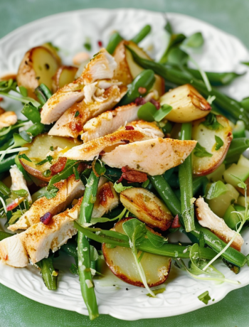 Crispy chicken potato and summer greens salad with spring onion pesto
