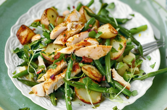 Crispy chicken potato and summer greens salad with spring onion pesto