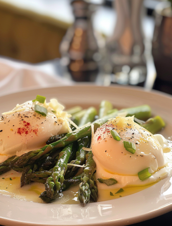 Poached eggs and Parmesan with asparagus and lemon butter sauce