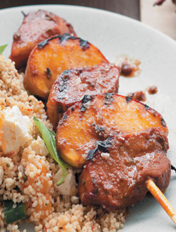 Pork and peach kebabs with peach and cucumber couscous salad