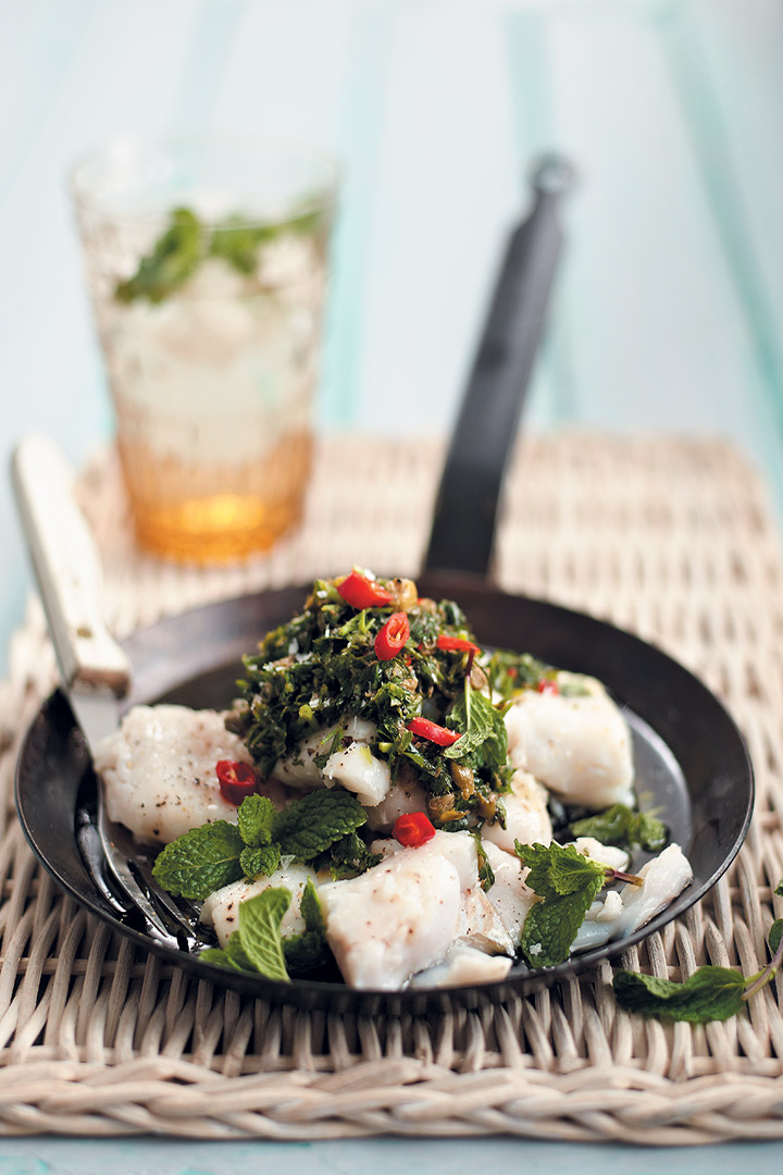 Hake fillet with herb and caper dressing recipe