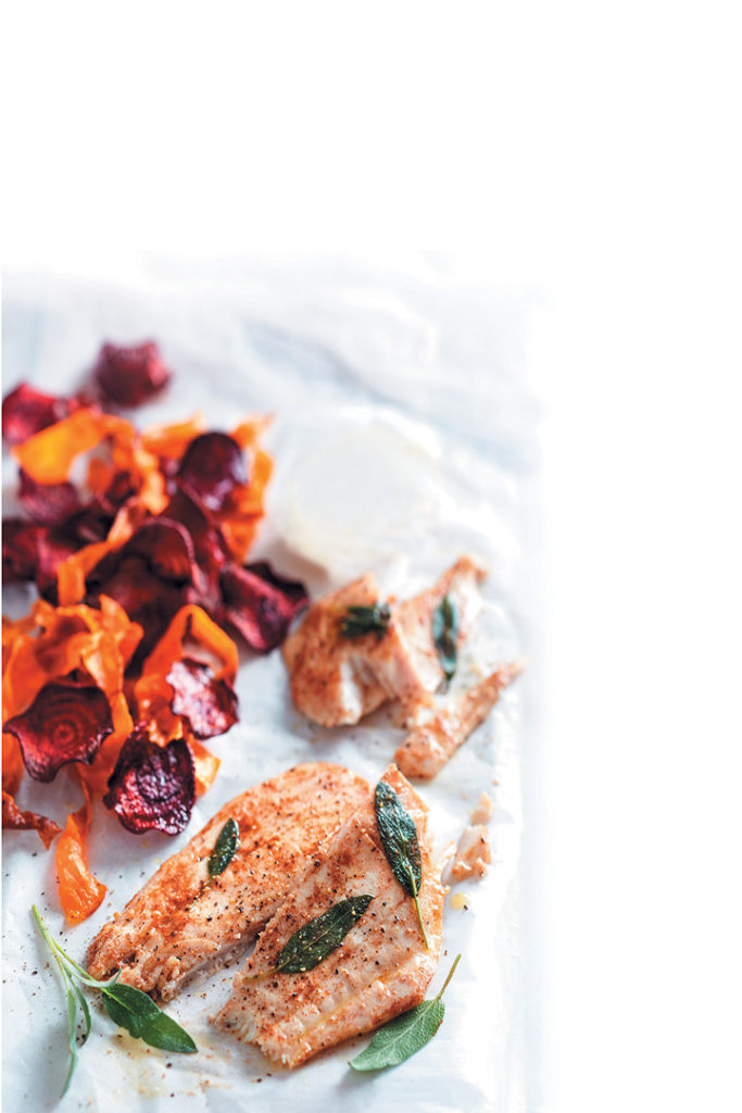 Lemon butter-grilled angelfish fillets with beetroot and carrot chips recipe