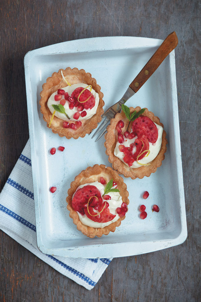 Pomegranate and prickly pear cream-cheese tartlets recipe