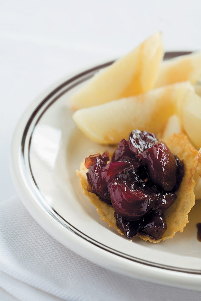Potatoes with truffle oil, Parmesan tuilles and grape confit recipe