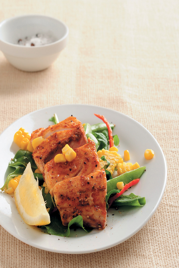 Smoky line fish with rocket and corn recipe