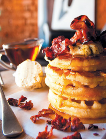 Buttermilk waffles with crispy bacon and spiced maple syrup