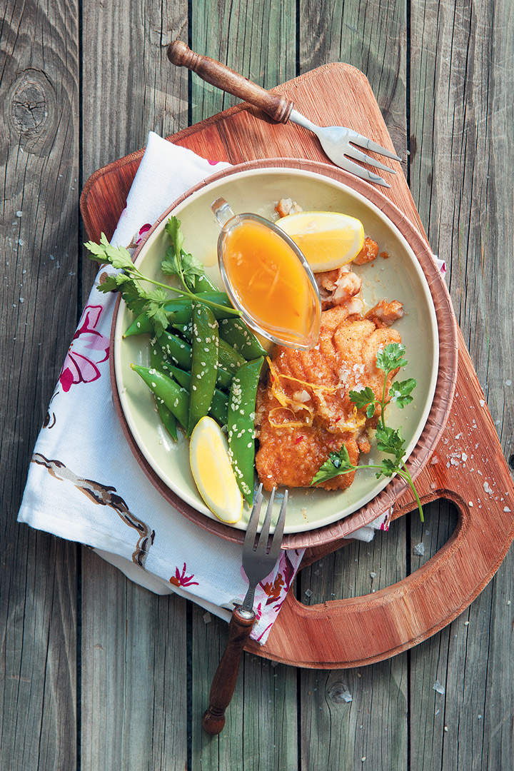 Crispy fried hake with orange and chilli sauce and sesame-coated sugar snap peas recipe