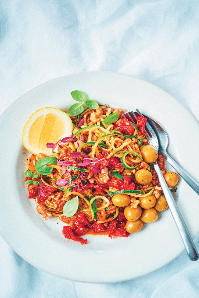 Baby-marrow noodles with sun-dried tomato, walnuts and olives recipe