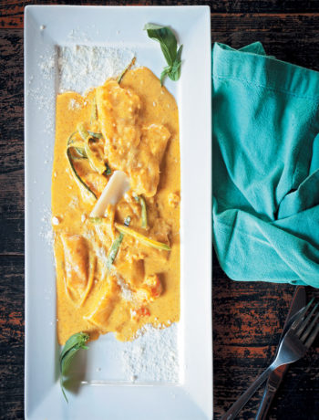 Butternut-filled panzerotti with prawns, baby marrows and a mild curry sauce recipe
