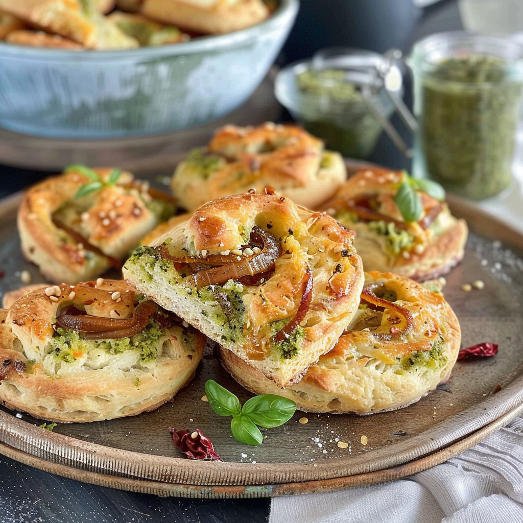 Caramelised onion, cheddar and pesto scones