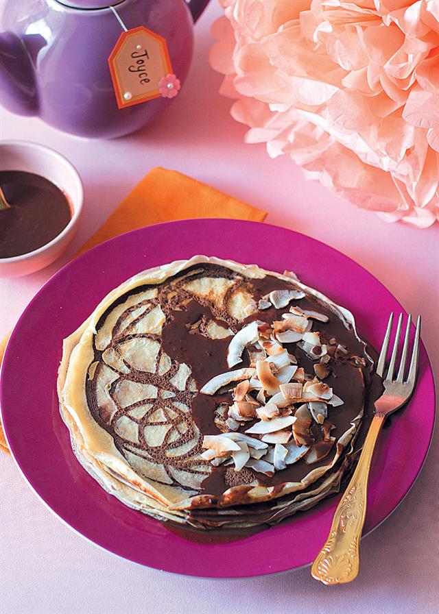 Chocolate marble pancakes with toasted coconut and rum