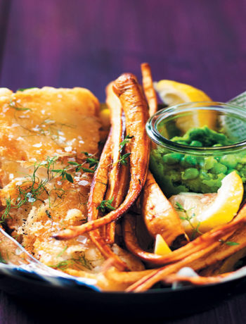 Cider-battered hake with parsnip chips and crushed peas recipe