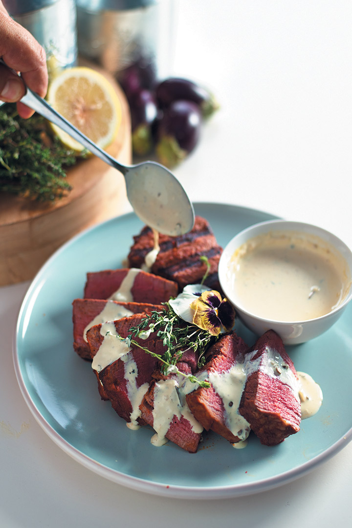 Grilled beef-fillet medallions and pink peppercorn, cognac roasted sweet potato, chilli and yoghurt recipe