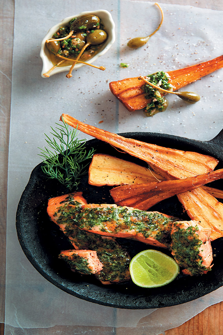 Herb-crusted rainbow trout, parsnip chips and salsa verde recipe