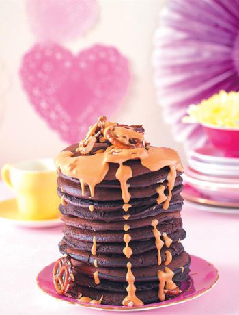 mile-high chocolate brownie flapjack stack with pretzel brittle and peanut butter sauce
