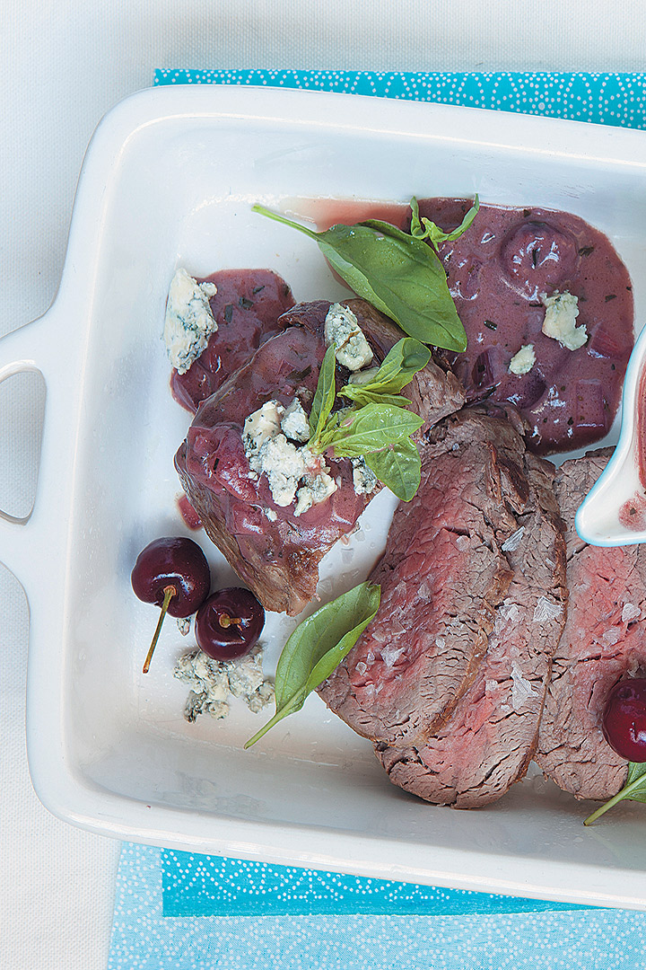 Roast fillet topped with blue cheese and served with a cherry and port sauce recipe