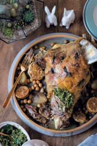 Slow-roasted lamb shoulder and chickpeas with preserved lemon, pistachio and mint pesto