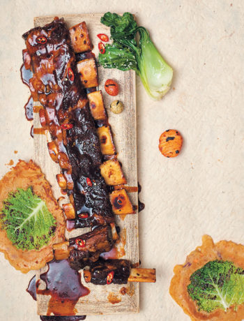 Sticky Asian beef ribs with savoy cabbage pancakes and bok choi recipe