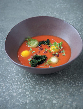 Tomato gazpacho, frozen olive oil and yellow-pepper sorbet with olives and herbs recipe