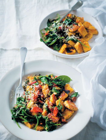 Pumpkin and sage gnocchi with baby spinach, pumpkin seeds and sun-dried tomatoes