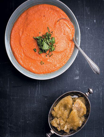 Chan Marti’s Chilled smoked tomato soup with basil sorbet recipe