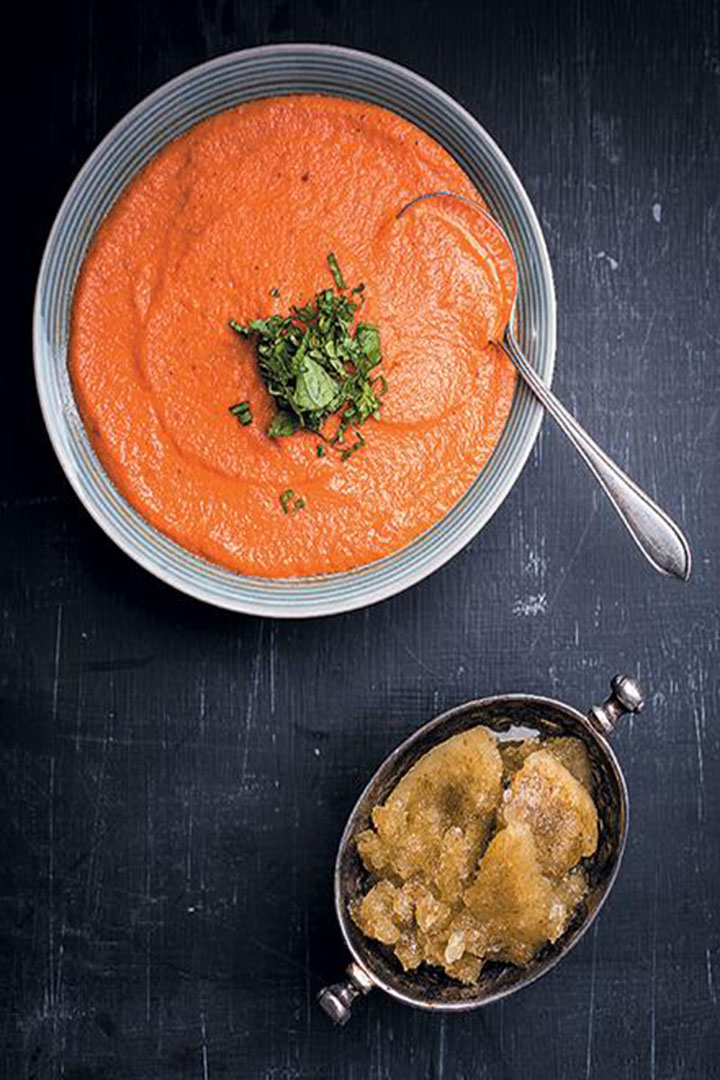 Chan Marti’s Chilled smoked tomato soup with basil sorbet recipe