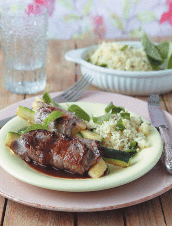 Baby marrow, mozzarella and veal rollups with spicy couscous recipe