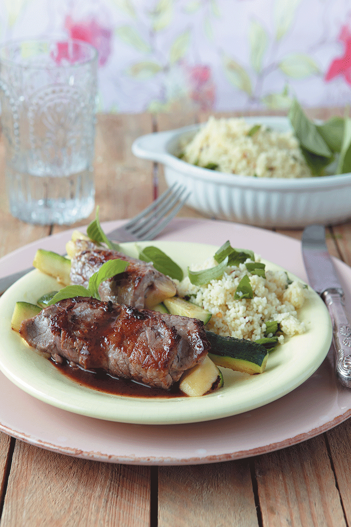 Baby marrow, mozzarella and veal rollups with spicy couscous recipe