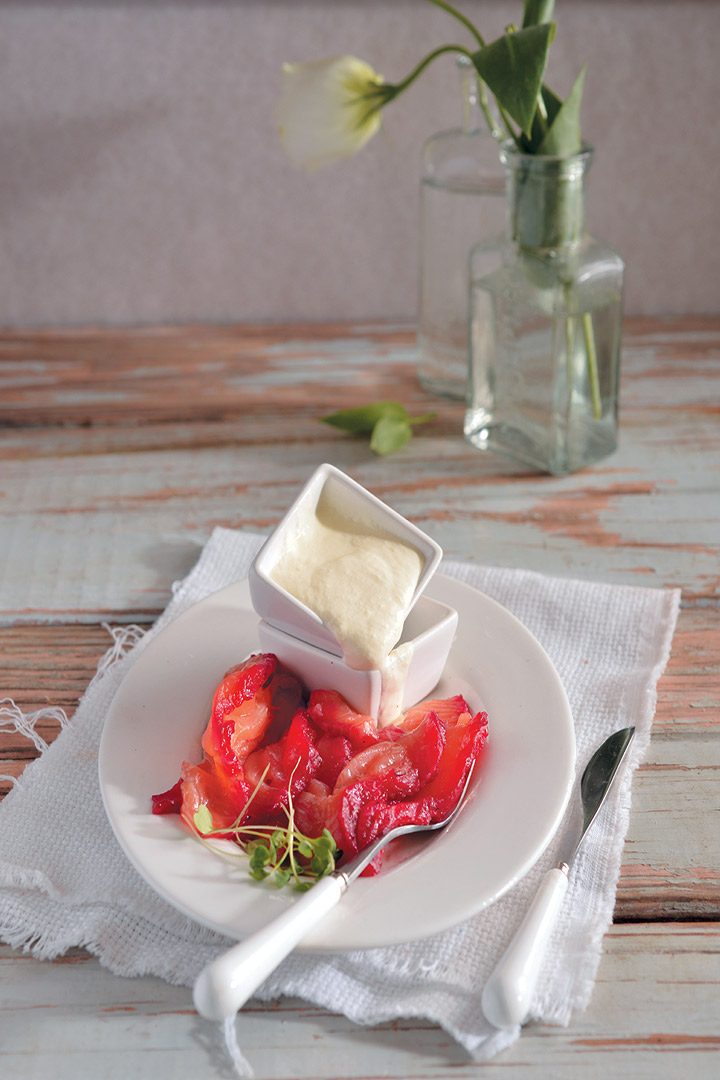 Beetroot marinated salmon served with vodka crème fraîche recipe