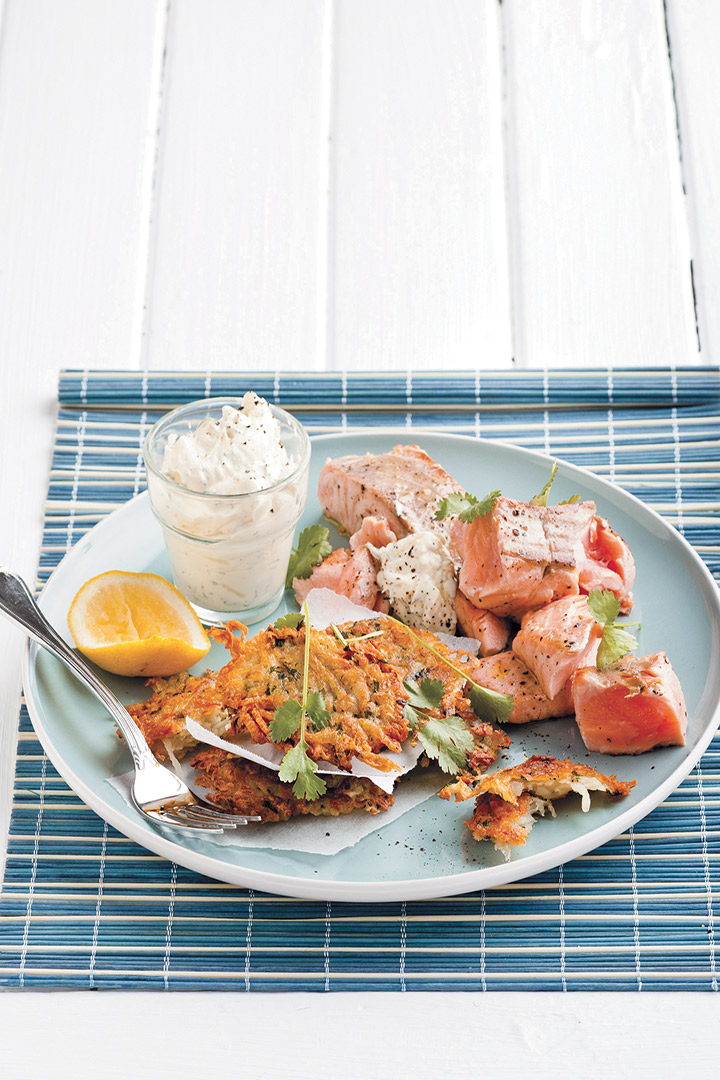Grilled salmon with coriander rösti and dill crème fraîche recipe