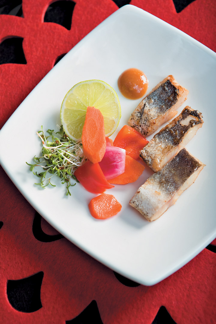 Roast fish with Japanese pickled vegetables and miso dressing recipe