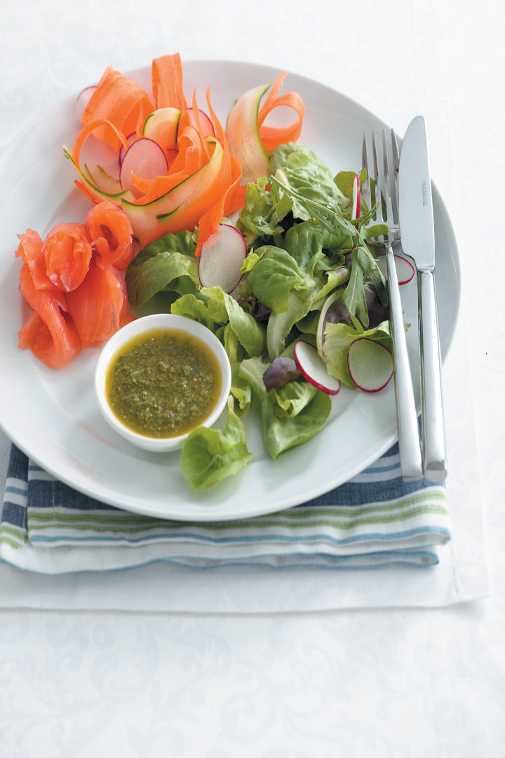 Salmon served with vegetables and green sauce recipe