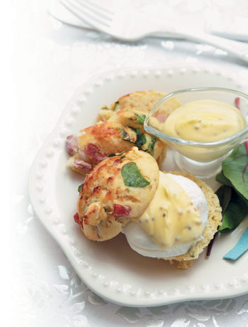 Spinach and pancetta muffins with poached eggs and mustard hollandaise