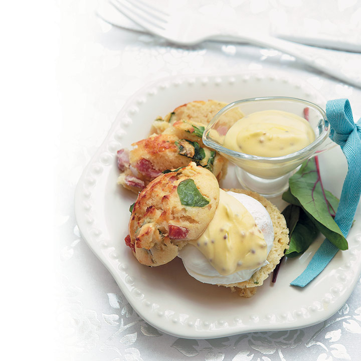 Spinach and pancetta muffins with poached eggs and mustard hollandaise