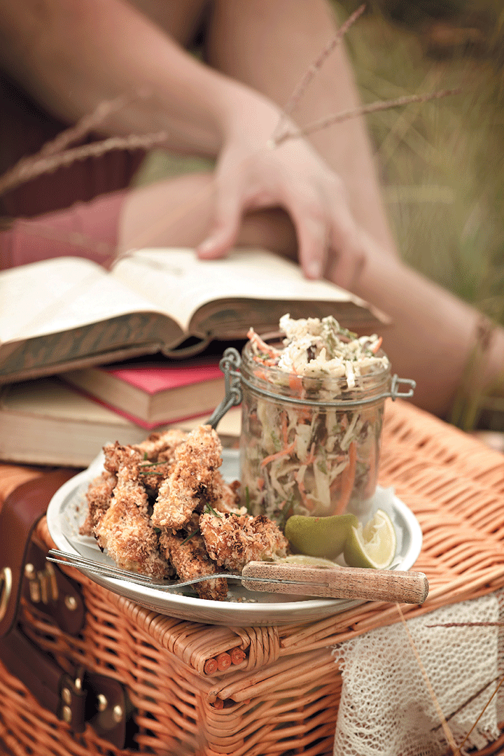 Crumbed chicken and sesame coleslaw pots recipe