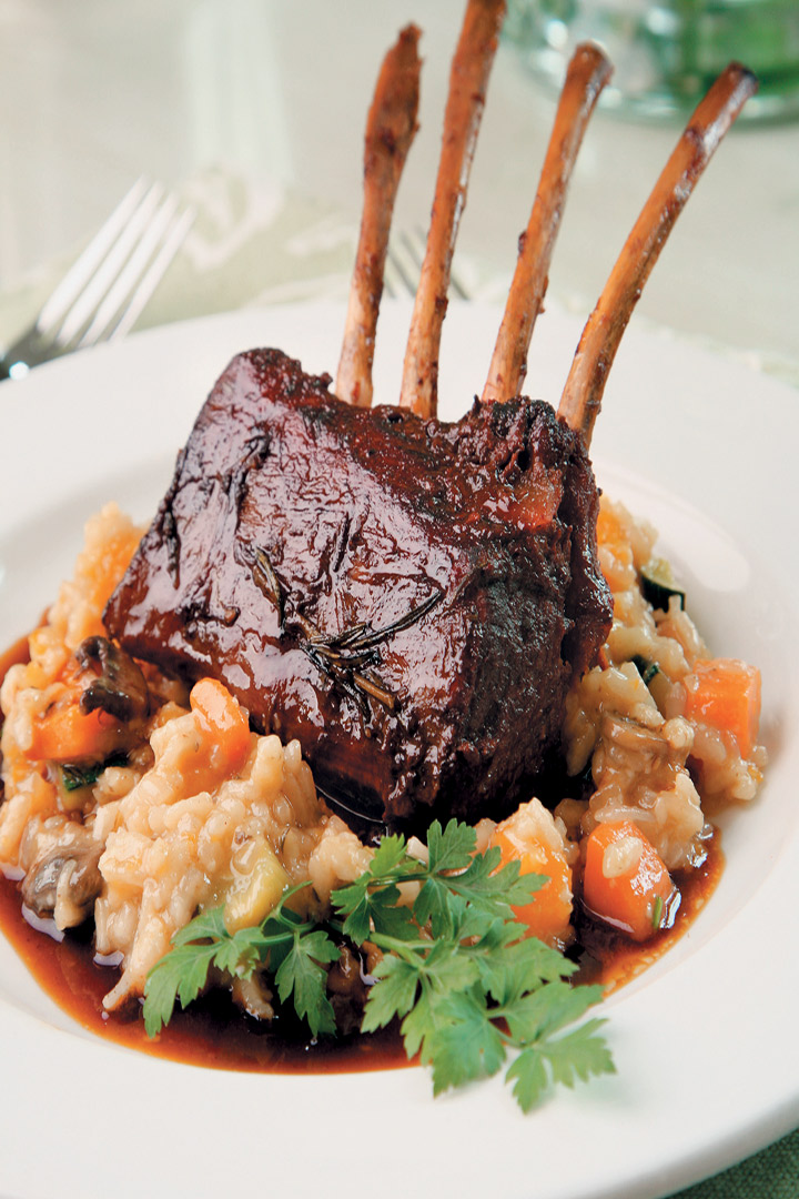 Slow-cooked rack of lamb with garden-vegetable risotto and sherry jus recipe