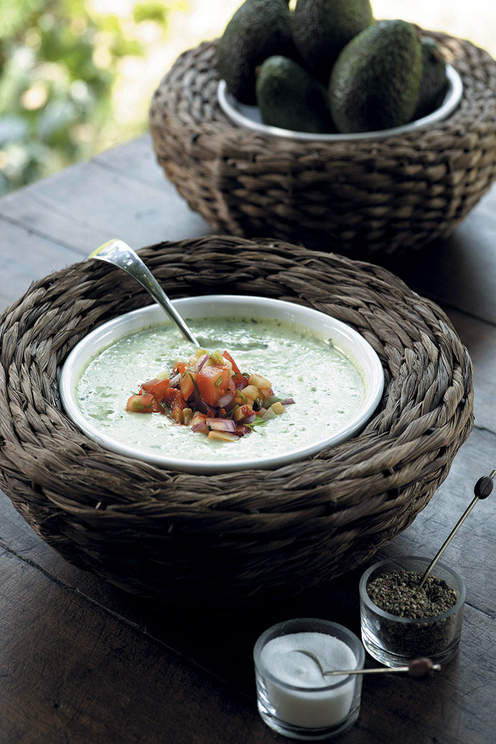 Cucumber and avocado soup with chilli and tomato salsa recipe