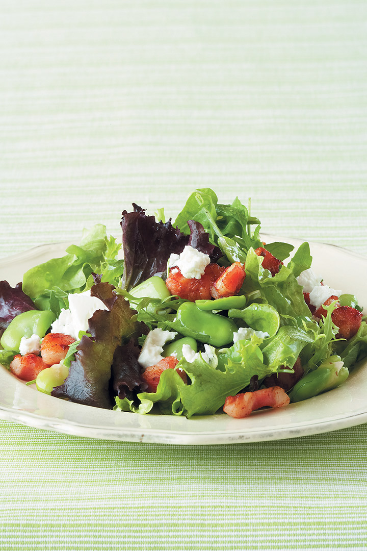 Warm broad bean, pancetta and feta salad with a fresh lemon and herb dressing recipe
