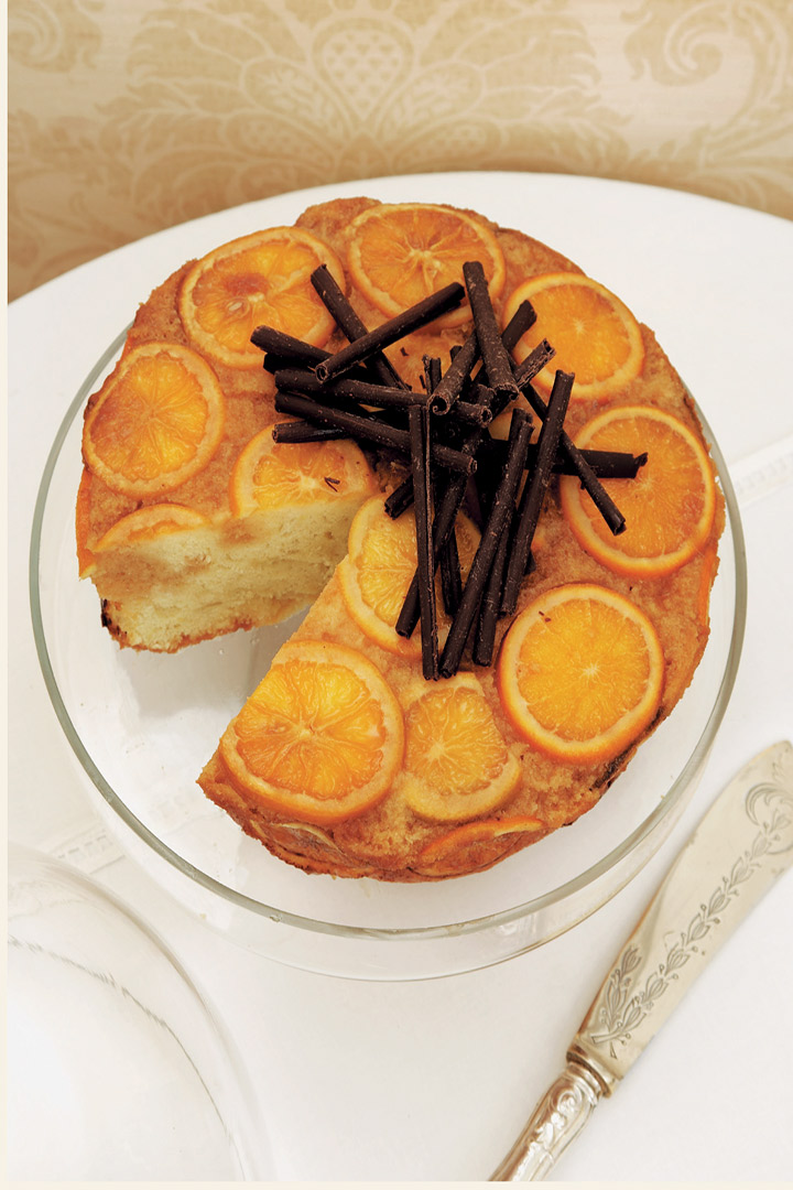 Sticky marmalade cake topped with dark chocolate scrolls recipe