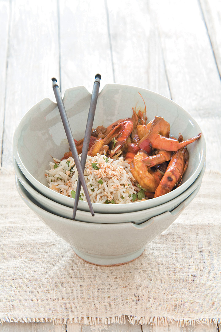 Sweet and sour prawns with nutty rice recipe