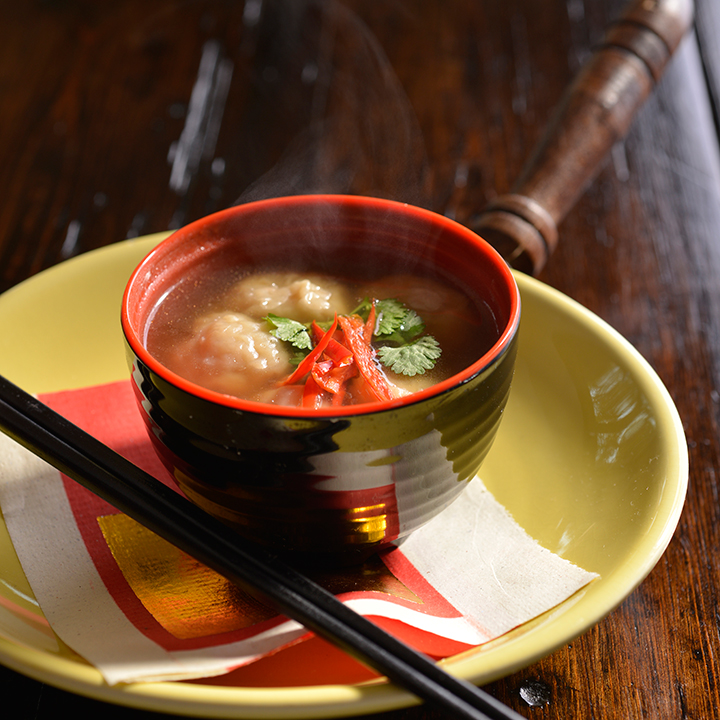 Hot and sour chicken and prawn wonton soup